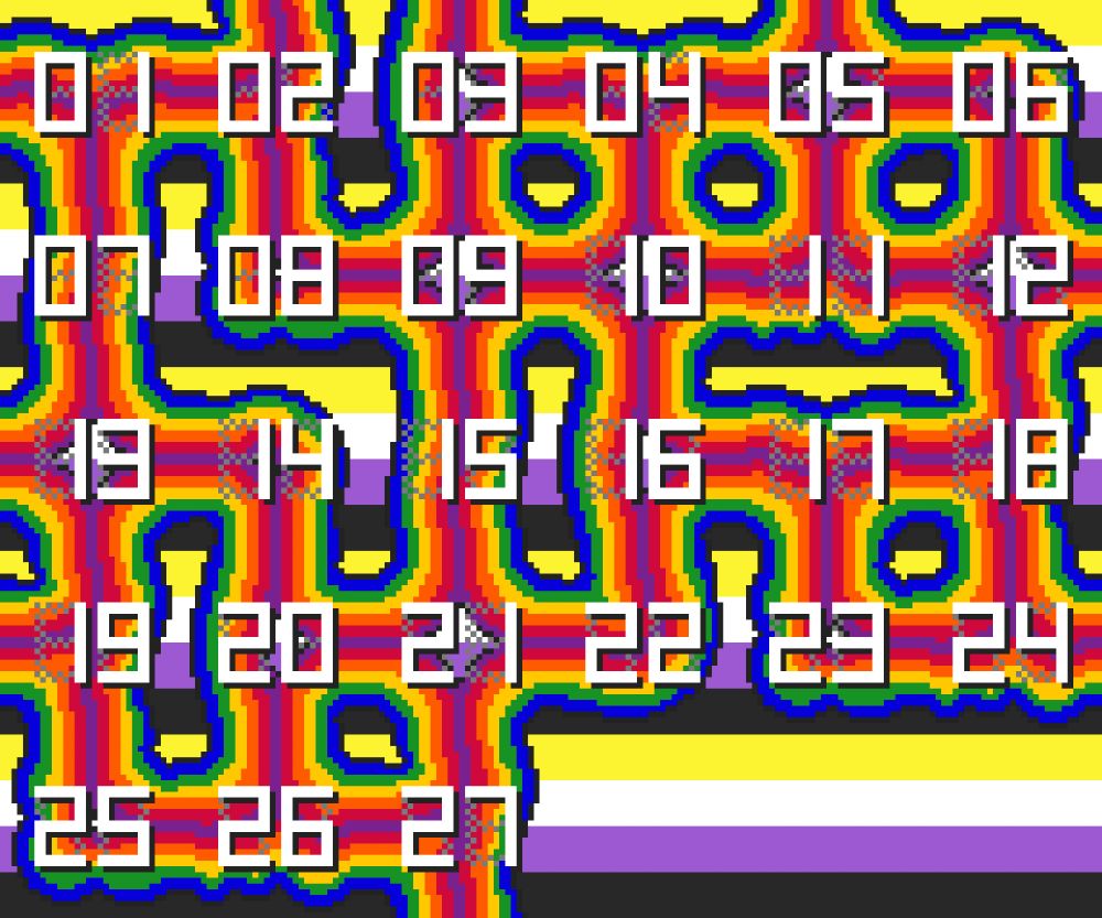 pixel art shows the numerals 1 through 27 over a background of nonbinary flag pride colors. each number is on a section of a blobby, rainbow striped worm shape that intersects in random ways.