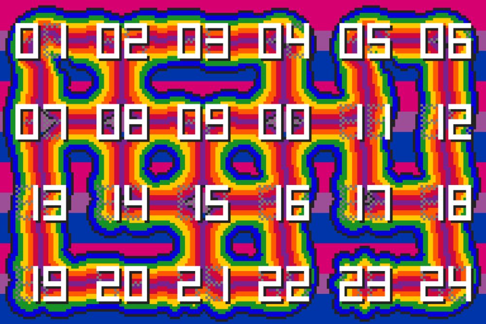 pixel art shows the numerals 1 through 24 over a background of bisexual flag pride colors. each number is on a section of a blobby wormy shape that intersects in random ways. the worm is rainbow striped
