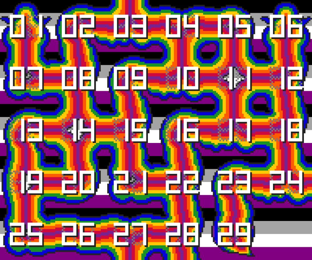 pixel art shows the numerals 1 through 29 over a background of asexual flag pride colors. each number is on a section of a blobby, rainbow striped worm shape that intersects in random ways.