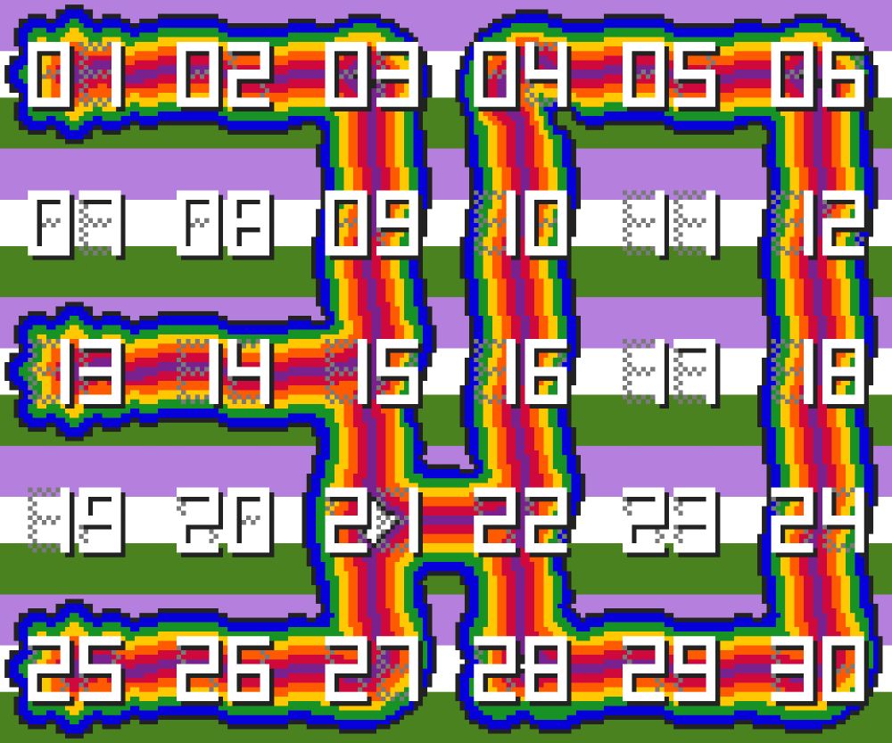 pixel art shows the numerals 1 through 30 over a background of genderqueer flag pride colors. each number is on a section of a blobby, rainbow striped worm shape. the sections of the shape form a large number 30.
