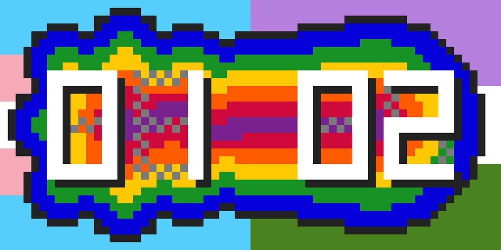 pixel art shows the numerals "01" and "02" over a rainbow-striped organic shape. in the background are the trans pride and genderqueer pride flags.