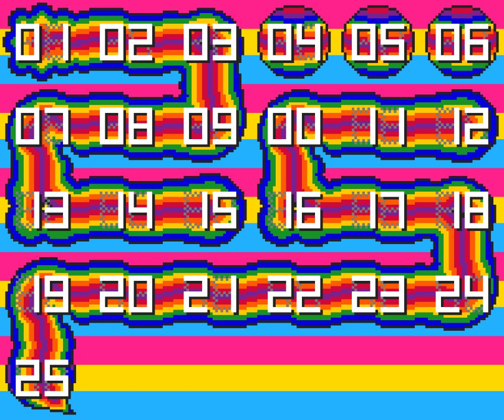 pixel art shows the numerals 1 through 25 over a background of pansexual flag pride colors. each number is on a section of a blobby, rainbow striped shape that intersects in random ways. the shape includes a large number 25.