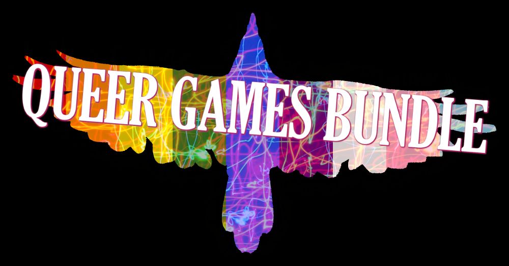 illustration shows the outline of a soaring bird, filled in with the colors of the queer and trans pride flags. text over the top reads "QUEER GAMES BUNDLE."