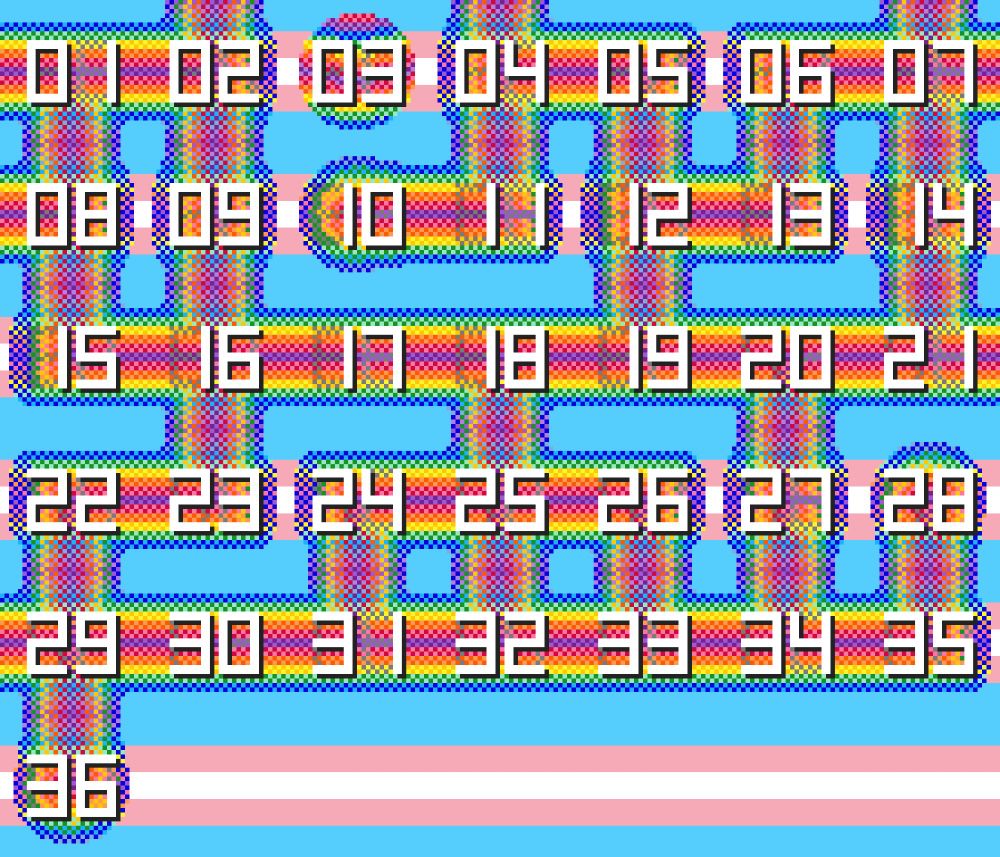 pixel art shows the numerals 1 through 36 over a background of transgender flag pride colors. each number is on a section of a blobby, rainbow dotted worm shape that intersects in random ways.