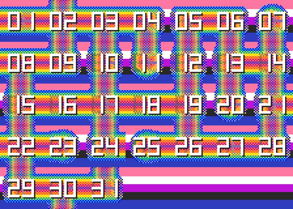 pixel art shows the numerals 1 through 31 over a background of genderfluid flag pride colors. each number is on a section of a blobby, rainbow dotted worm shape that intersects in random ways.