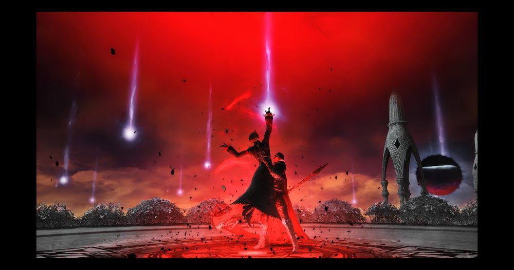 Aeris floats and reaches up to the sky and brings the Heavens down as Keres supports him with one hand and holds onto his scythe with the other. The sky is red and debris floats around them