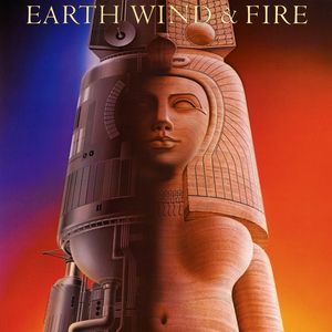 Cover art from Earth Wind And Fire " Raise " issued 1981.  A female figure is half ancient Egyptian statue and half stylized spaceship ,  on a blue and orange background