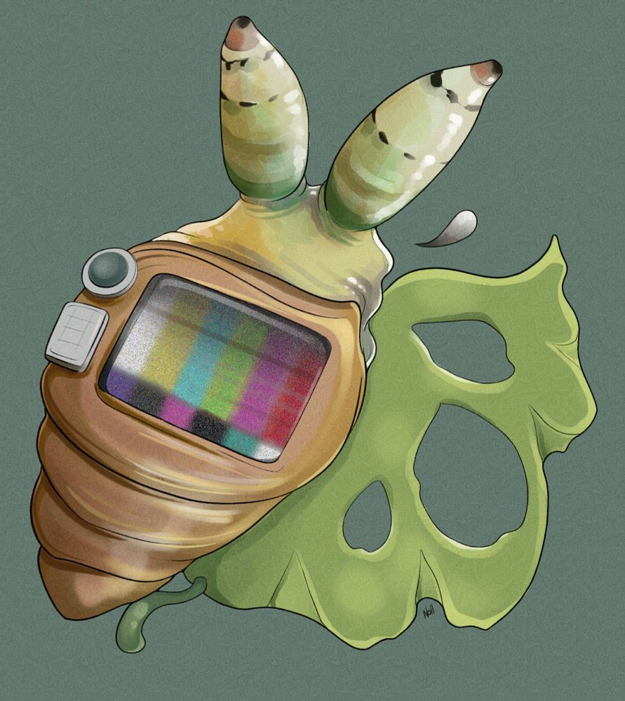Illustration of a snail with a retro TV displaying off the air color bands embedded in its shell, balanced on a damaged leaf, with eye stalks infested by the green-banded broodsac.