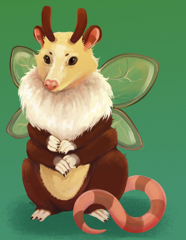 Digital painting of a brown and cream colored opossum sitting up with a white fur ruff, six legs, yellow butterfly wings, brown antennae, and a long pink and brown striped tail.