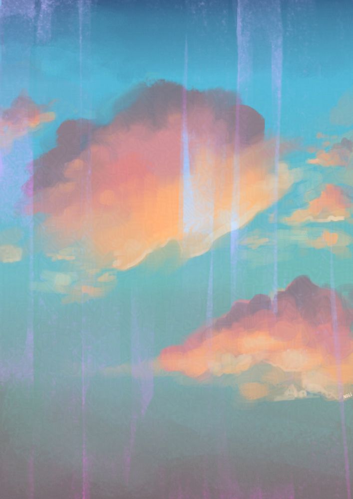 Digital painting of a sunset with puffy pink and cream clouds, streaked with faint, lighter color.