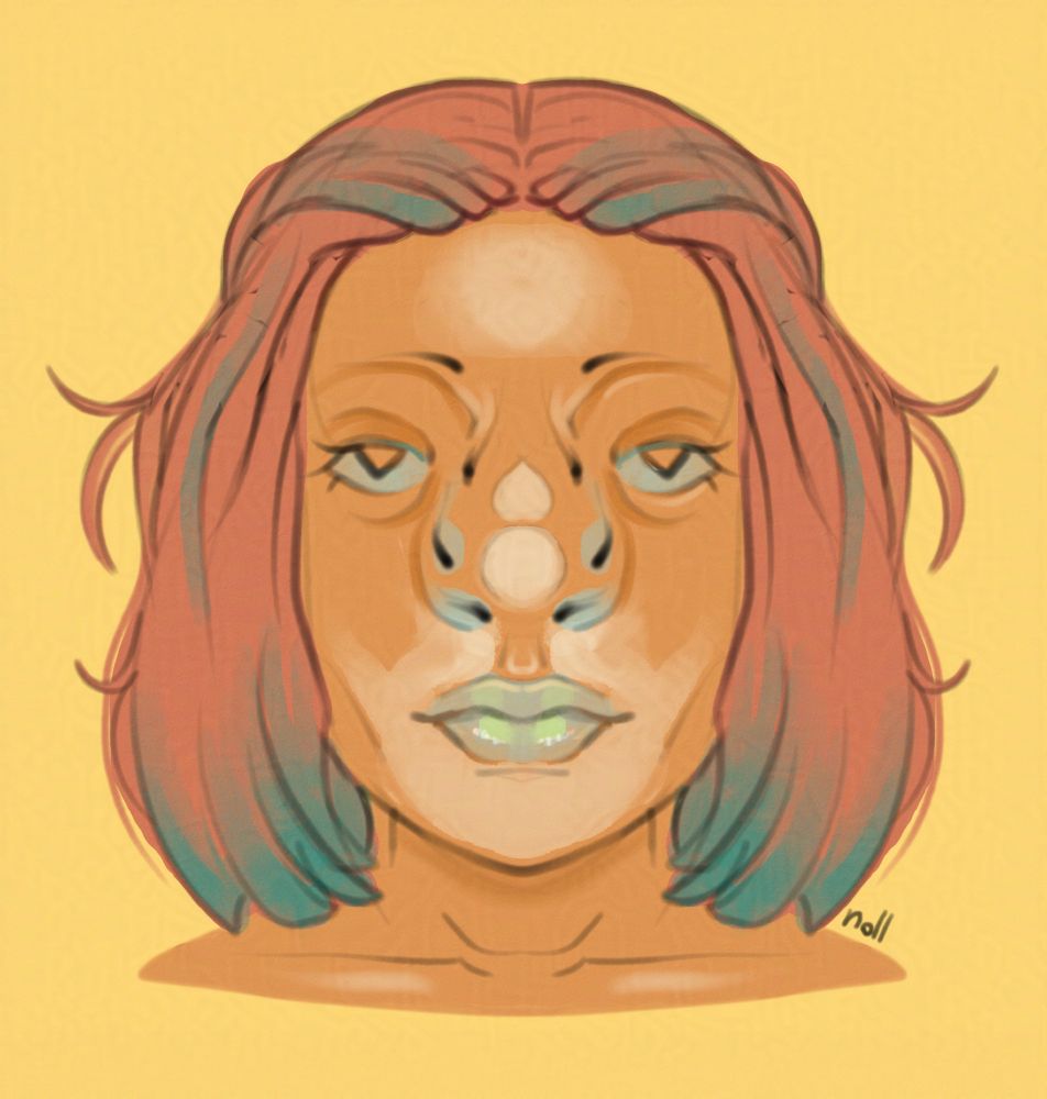Digital art of an alien with orange skin that has circular paler areas on their chin area and the middle of their nose which has multiple nostrils. Their lips are a shiny green, their pupils are triangular, and their hair is orangey-pink with teal ends and roots.