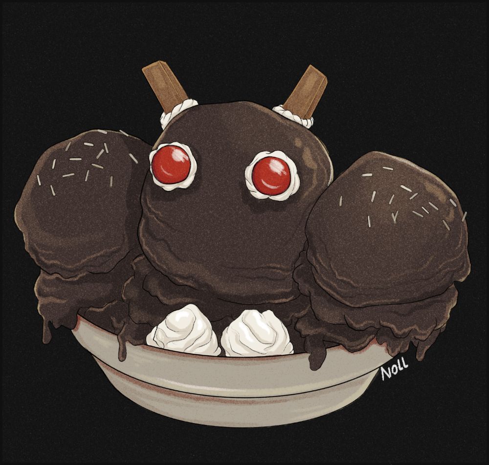 Digital illustration of a chocolate ice cream sundae in a gray bowl on a black background decorated to look like Mothman with red cherry eyes and cookie ears.
