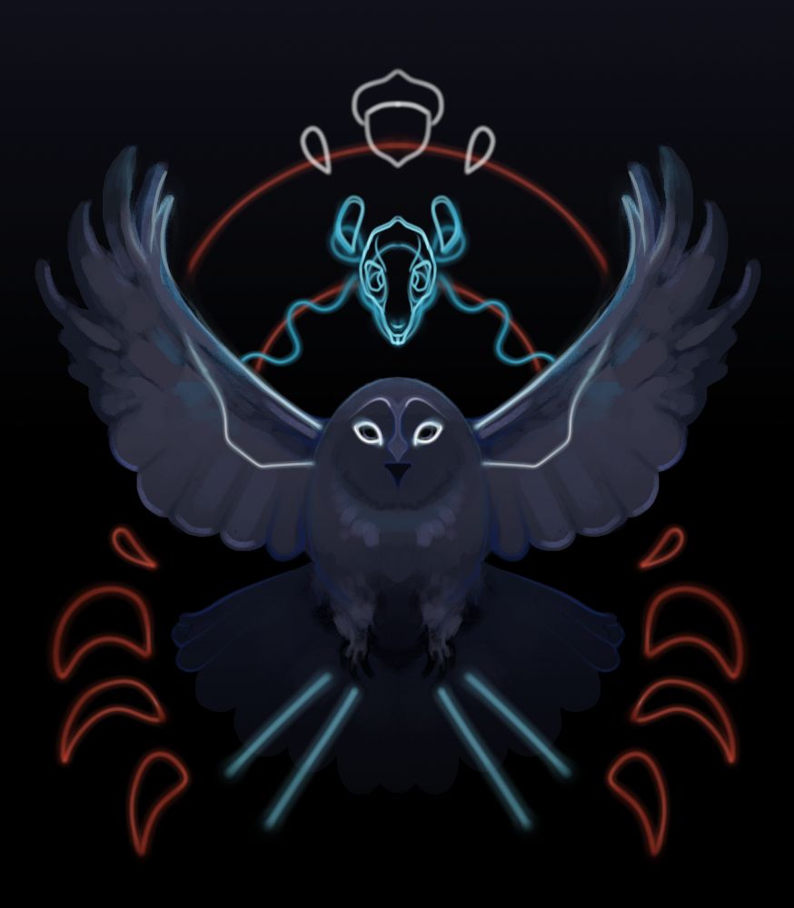 Digital art that resembles an owl flying through a neon sign in red, white, and teal depicting owl claws, blood, acorns, seeds, and a mouse skull with ears. 