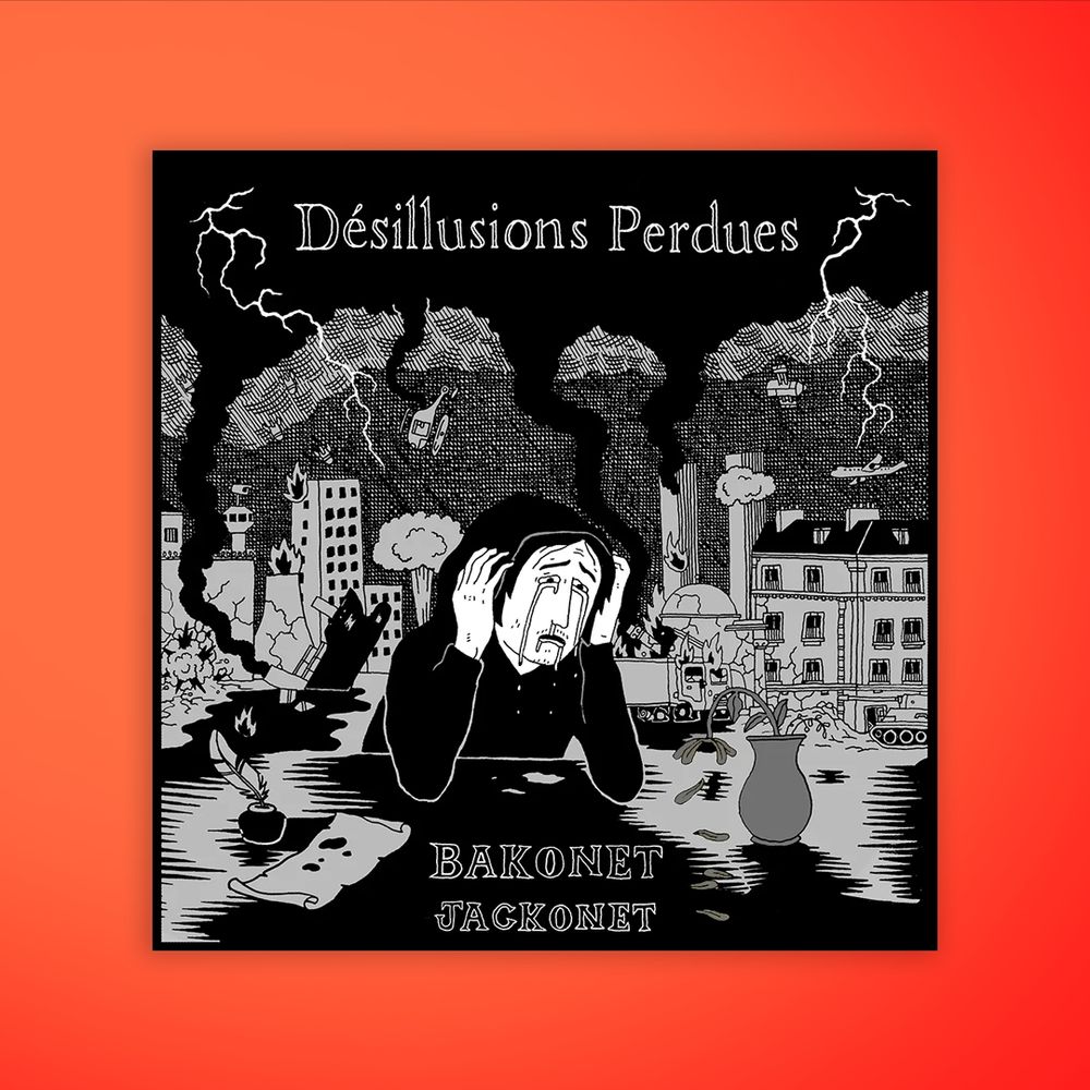 On voit la couverture de Désillusions perdues, en noir et blanc. Le personnage de Bakonet pleure sur une fleur fanée alors que c’est la fin du monde en arrière-plan.
