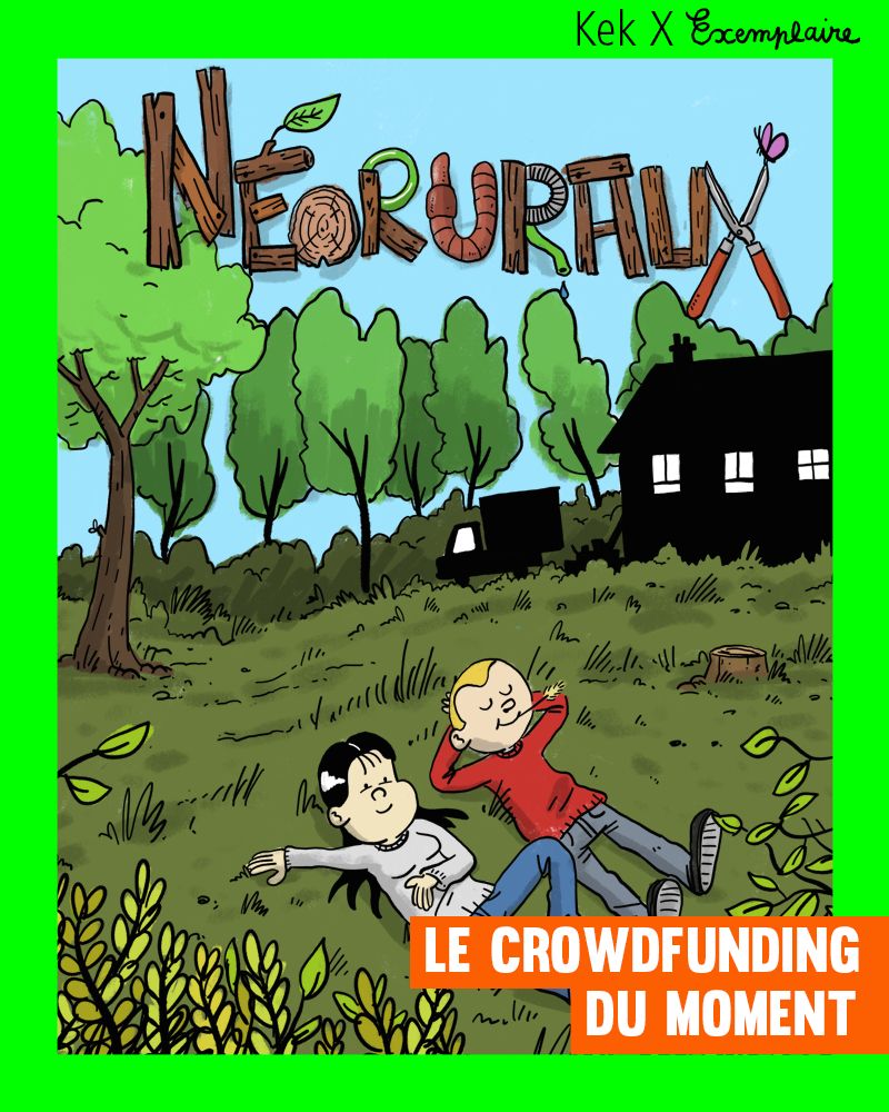 couverture de Néoruraux, où on voit Kek et Julie rêvasser, allongés dans l’herbe.