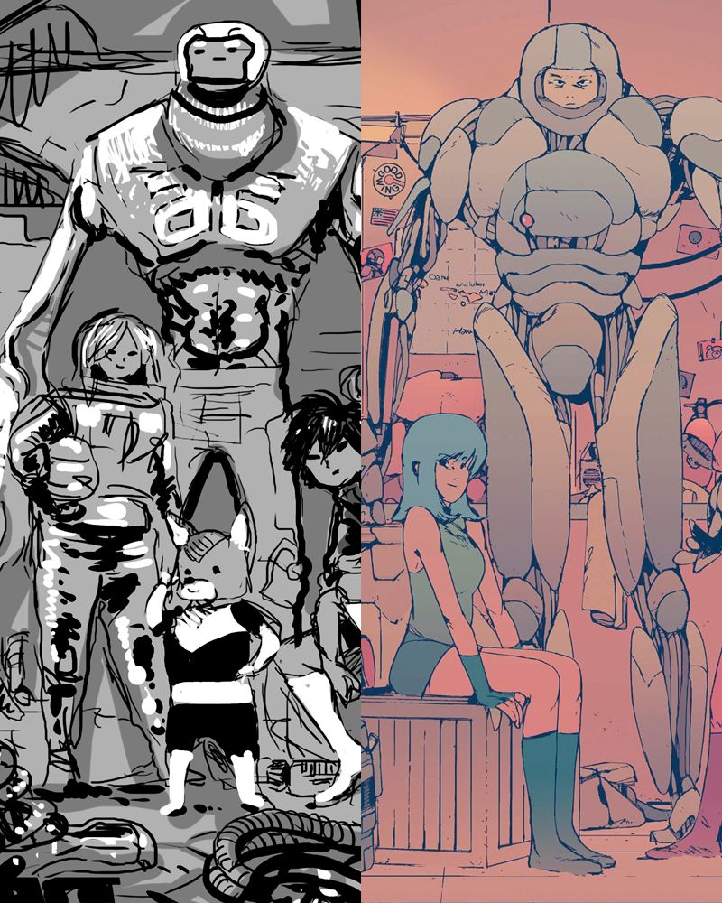 Une image scindée en deux. A gauche, la version Boulet de la couverture du tome 1 de Bolchoï Arena, et à droite la version Aseyn du même dessin.