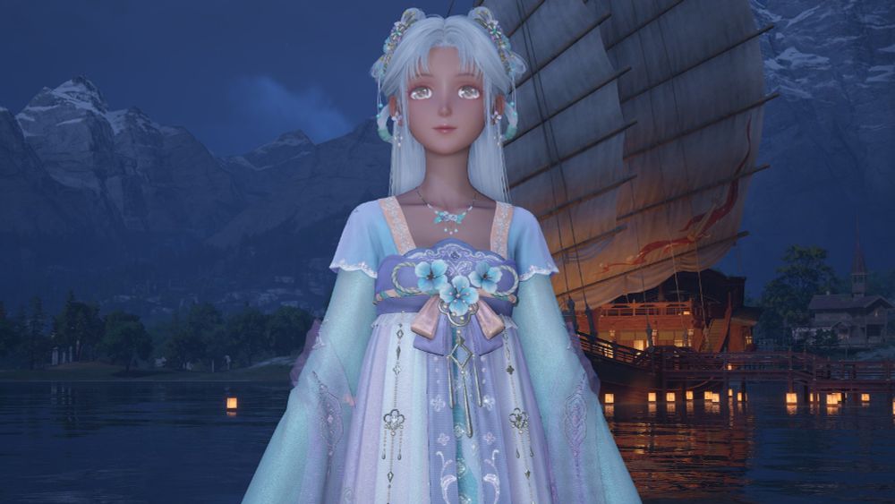 Nikki est Hanfu  bleu turquoise, rose et bleu layette, avec une coiffure traditionnelle devant un bateau médiéval chinois 
