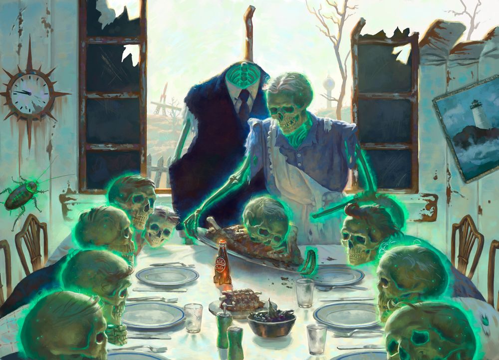 Green glowing skeletons sit around a dinner table inside a ruined house. The head of one of them has fallen into the turkey. The food is rotten, a radioactive roach crawls on the wall. It is a nod to Norman Rockwell's freedom from want