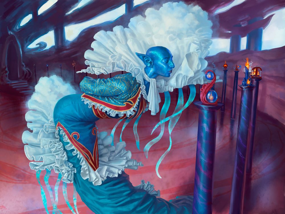 Blue skinned elemental with long ears, ornate blue dress with red and yellow trim dispassionately examines student sculptures, each atop their own tall thin pillar in a magenta display hall of whirling stone.