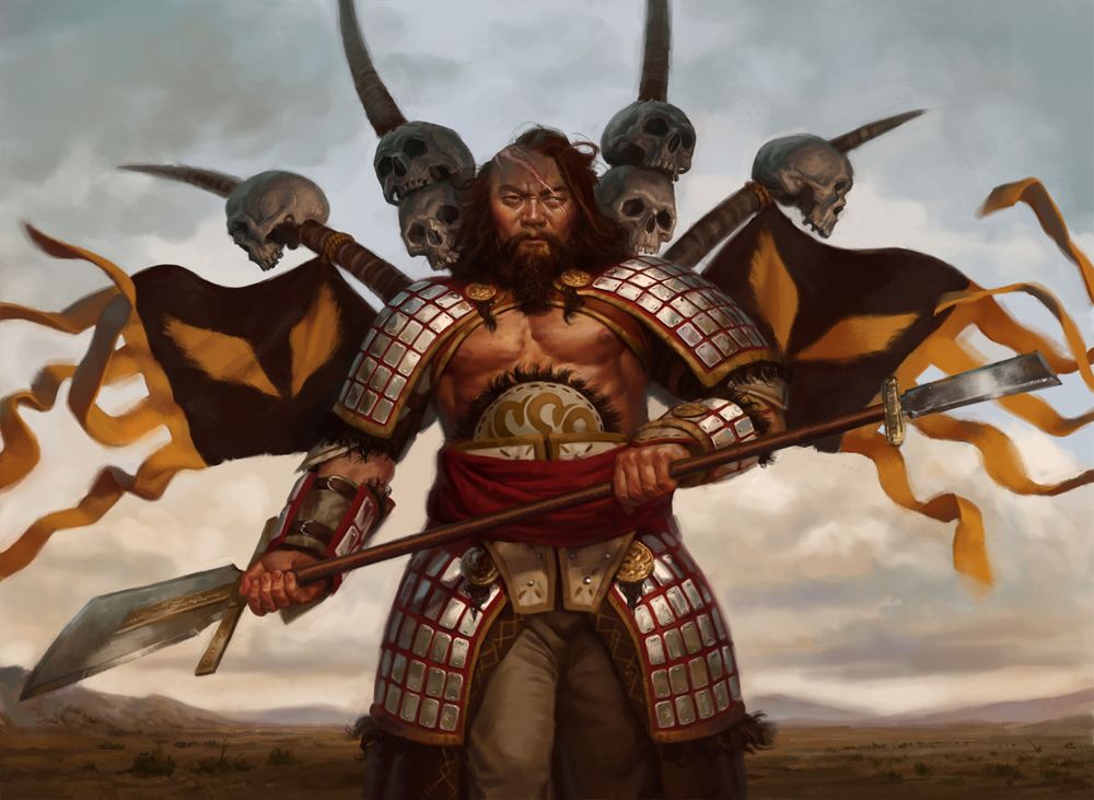 A scarred Mongolian warrior walks toward the viewer with square pole arm in hand, wearing armor adorned with the skulls of his enemies