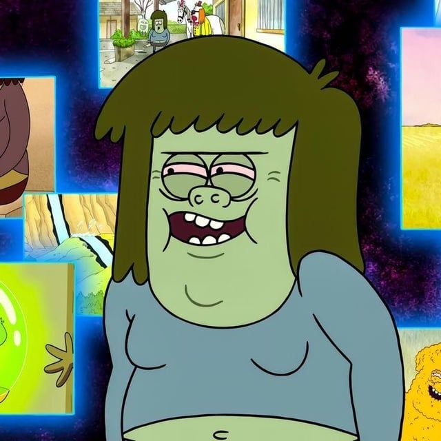 Muscle man from Regular Show, his mouth agape and face mildly distorted by his smug cheer