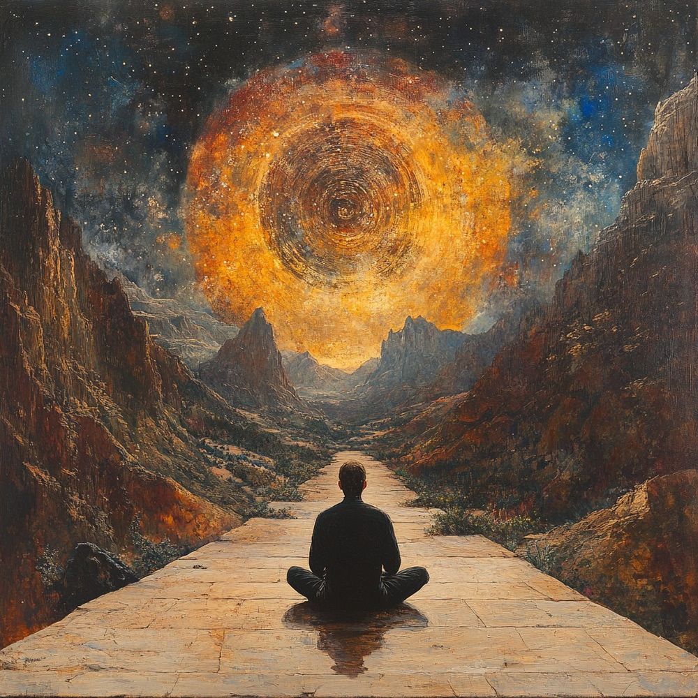 Midjourney image in person sitting on a long Stone path in lotus position. Looking at a star-filled orange sky. Exact prompt: The Unseen Boundaries: Contemplating the Limits of an Unknown Self --chaos 20 --stylize 750 --v 6.1