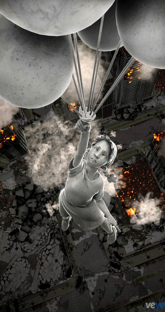 Flying Balloons Girl 3D digital collectible inspired by Banksy's 2005 Mural in the West Bank, ascending high above a burning city with a close-up view from above. A symbol of hope and resilience portrayed in a new way. 