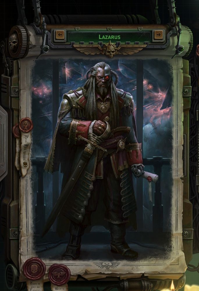 Une illustration qui sert de portrait à mon personnage de Rogue Trader. Devant une ballustrade avec en arriere plan un ciel dense et menaçant, on aperçoit un homme noir d'un certain age et de grande stature qui se tient droit. Une main repose sur la garde de sa rapiere d'officier et dans l'ordre il tient un document scellé par un cachet de cire. La moitié de son crane est en metal avec un oeil rouge. Il porte la barbe et un costume d'amital bleu, rouge et or.