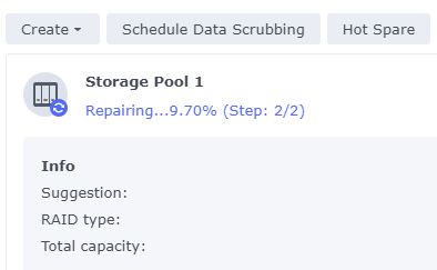 A screenshot of the Synology NAS console showing a data storage pool in the middle of a repair process.