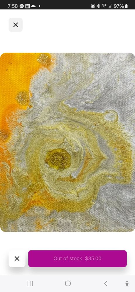 A fun abstract yellow and pearlescent white painting by Mikee Huber of Dayton, Ohio.