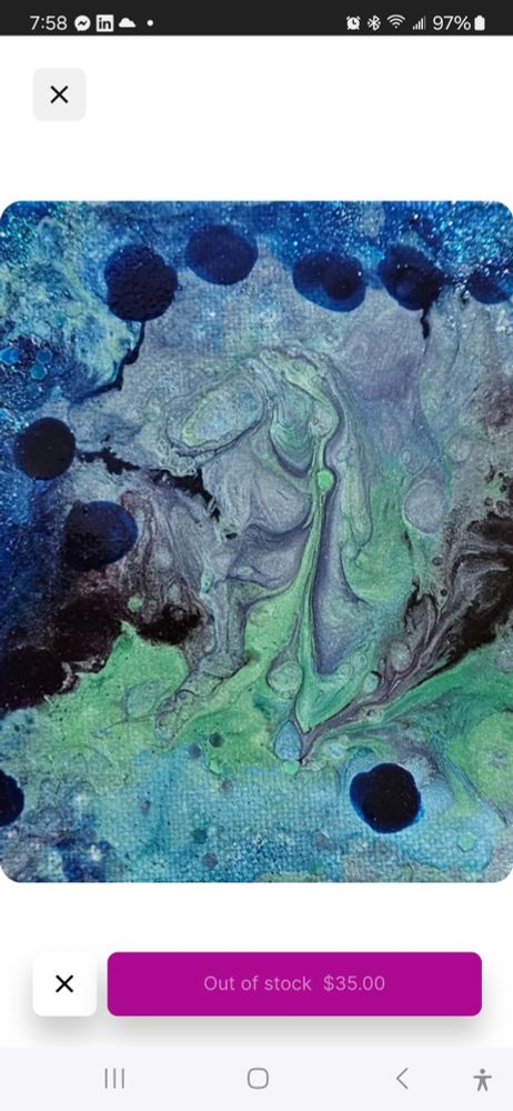 A colorful abstract painting comprised of a variety of blue and green hues by artist Mikee Huber of Dayton, Ohio. 