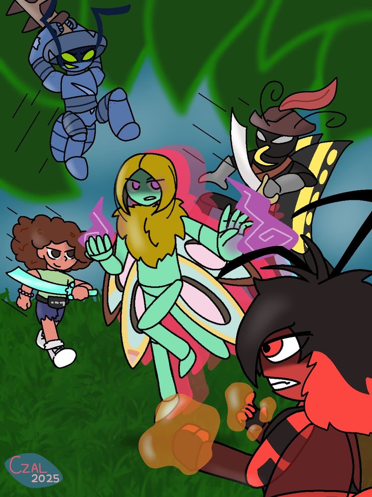 A forest setting, where a battle is taking place.

In the center is Ballad, with her hands holding purple fire, and a reddish aura from behind.

On the far left is Maggie, a human in a green shirt with a blue sword. Above her is Trasher, a blue bug wielding a spiked club. On the middle right is Luna, a butterfly pirate with a sword. The three of them are attacking Ballad from behind.

On the far right is Trigona, a vulture bee with the power to bend hemolymph, staring Ballad down with hemolymph in her hands.