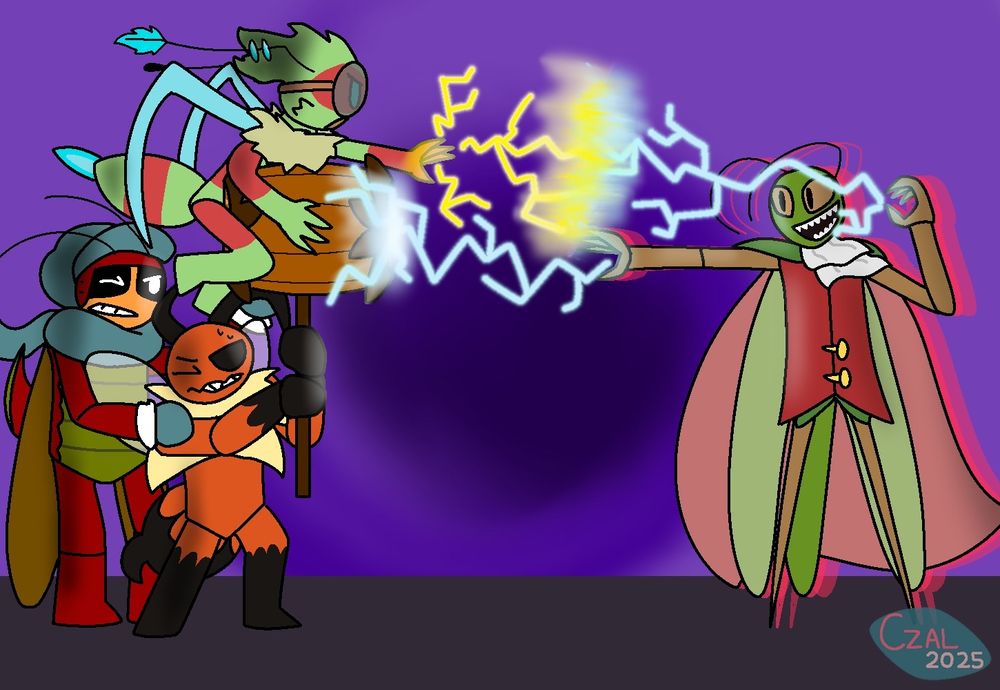 Mismatch (a jewel wasp) shooting yellow lightning at Cameron, who is shooting blue lightning in return. Mismatch is sitting on top of a large hammer held up by Paprika (a red bee) and Chelsea (a roach with a blue hat, scarf, and gloves), with the latter two struggling to keep the hammer upright.