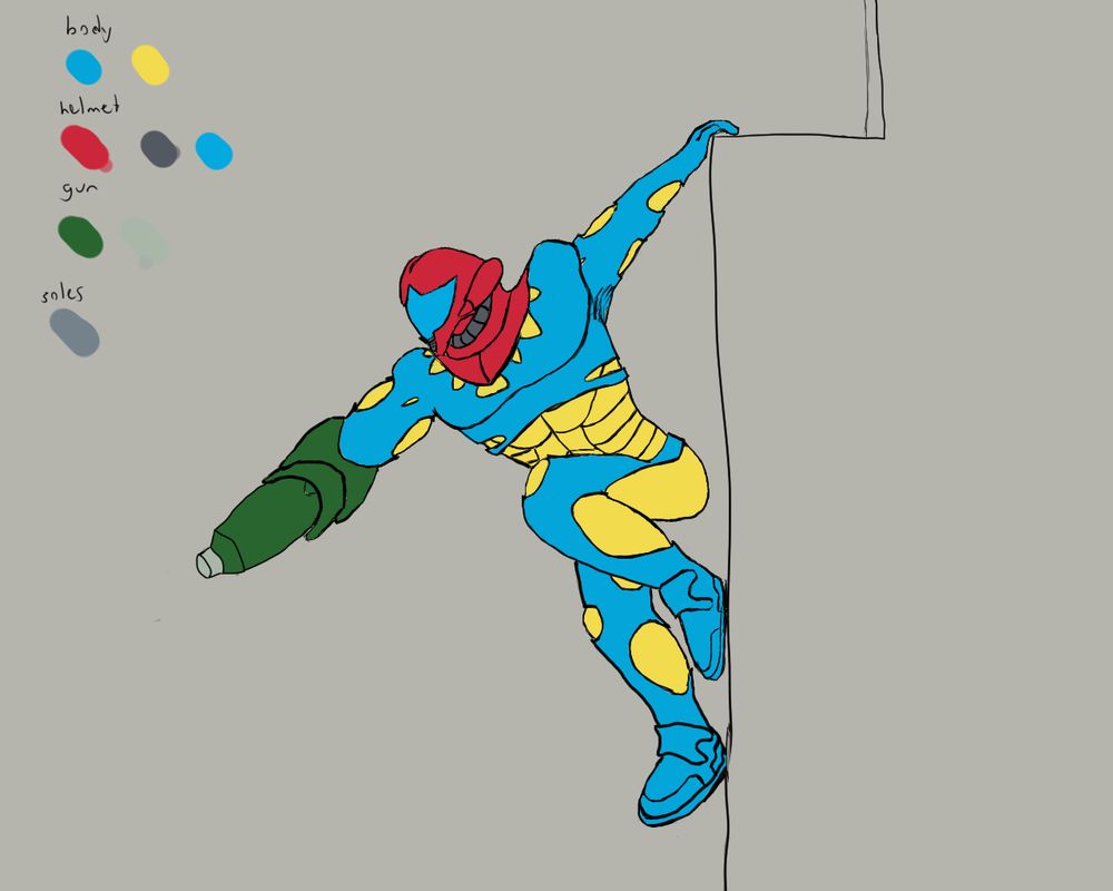 person hanging from a ledge, aiming an arm cannon down and away from the wall