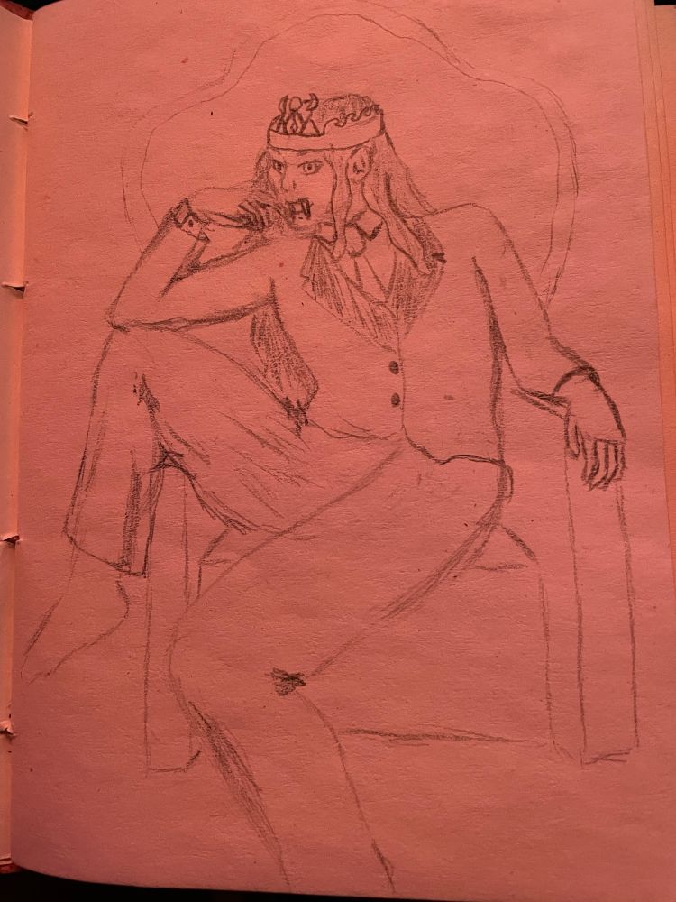 person with vampire teeth, a suit, and a crown sitting with one leg over the arm of a throne