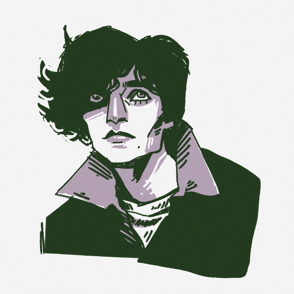 Dibujo rápido de una persona con el pelo corto, oscuro y con volumen a la izquierda tapándole un ojo que se intuye en la sombra. Mira hacia arriba, tienen las facciones bastante angulosas y una chaqueta con cuello abierta por la que asoma una camiseta blanca. El dibujo está hecho en linea de color verde oscuro y sombras lila.