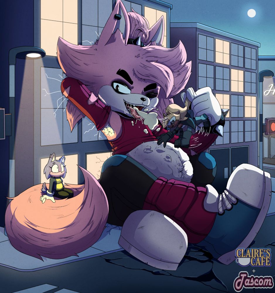A giant version of Taph the wolf (my sona) resting against a building that absolutely can't support their weight. It's late at nigh in a city street, roads and pavement cracked from Taph.

Their tail is curled to their side with their friend Eclair the bobcat (Claire Cafe's Sonic Sona) sitting down on it, looking up at Taph shocked and blushing.

Taph is winking down at them as they belch in Whisper the wolf's face. She's held by the tail, between Taph's fingers. Under Whisper is Taph's bulging and squirmy gut, full of several unidentified prey, one of which is clearly bulging out Taph's belly with their hands and head.

Taph is casually winking down at Eclair, clearly about to eat Whisper with a string of saliva from Whisper's face to Taph's tongue.