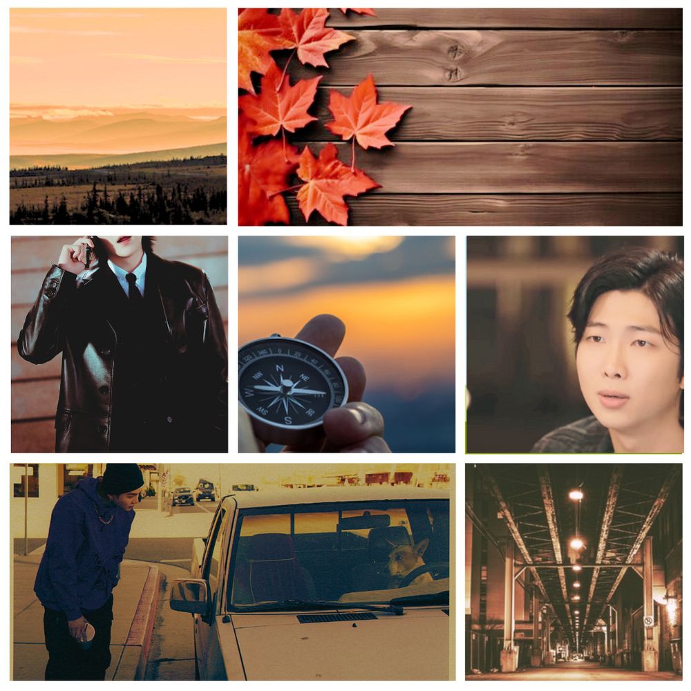 The moodboard for the fic, featuring Yoongi looking into a car with a dog sitting behind the steering wheel, as well as another picture of him wearing a suit and a leather jacket and talking on the phone; Namjoon looking wistful; brown boards with maple leaves scattered across them; a shot of the wilderness; and a shot under the Chicago El train tracks. In the middle is a hand holding a compass, pointing to south.