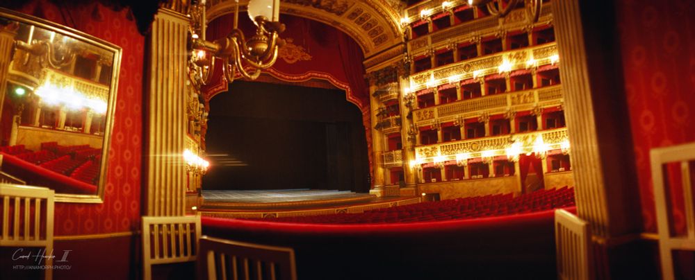 The ornate red walls with gold trim contrasts with the empty stage in the distance. The lights on each of the rows of private balconies shine brightly, illuminating the inside of the theater and drawing your imagination to what performances have happens here. 
