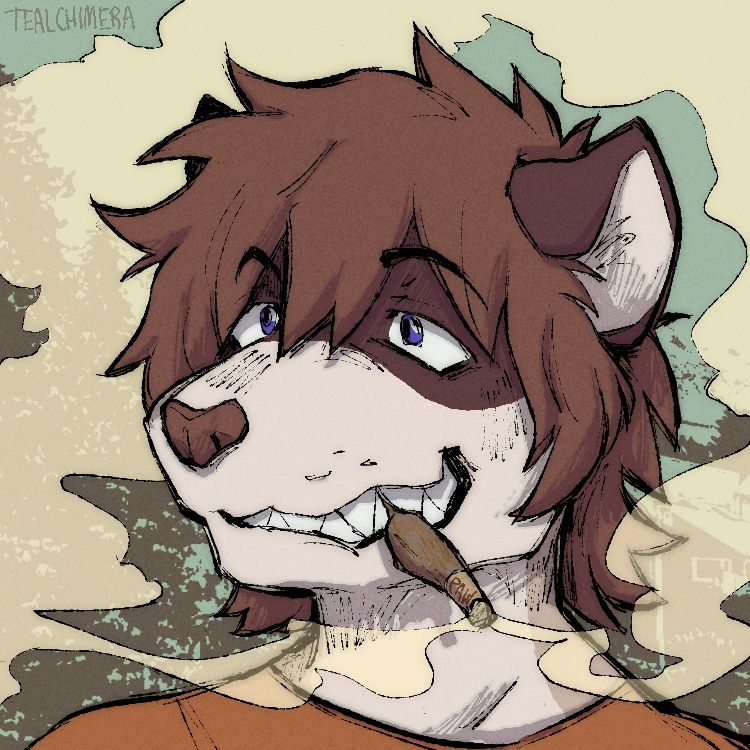 Digital headshot drawing of an anthro ferret character (Tome) who has a large sharp-toothed grin, smoking a joint from the wrong end with smoke coming out of the filter.