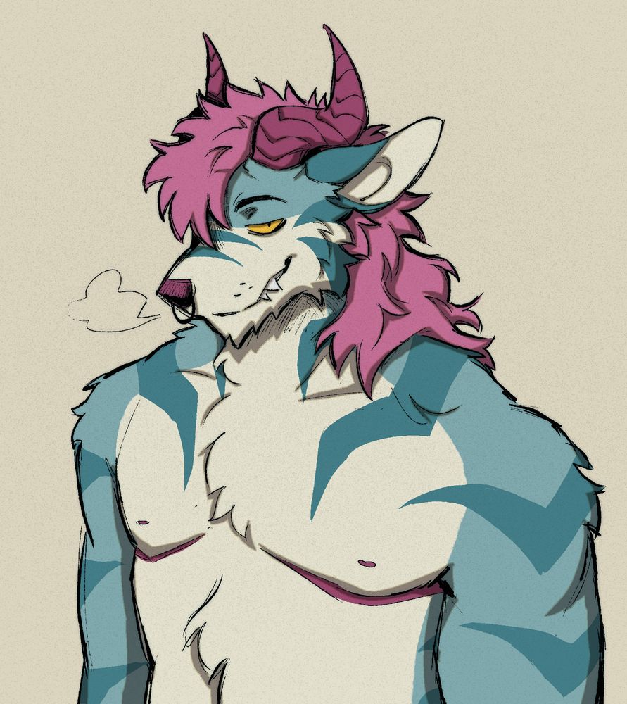 Digital drawing of my chimera fursona (Teal), looking at the viewer with a smirk.