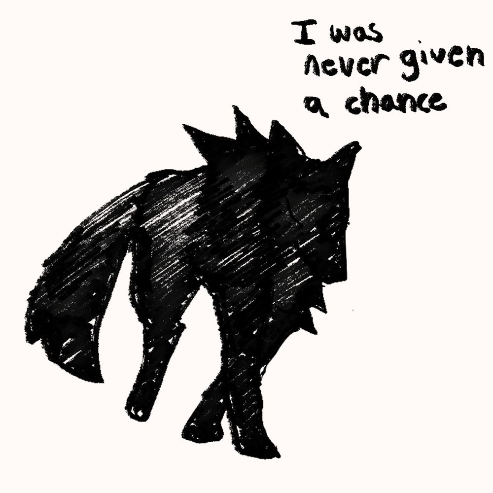 full body sketch of the wolf walking forwards, with text that reads "I was never given a chance"