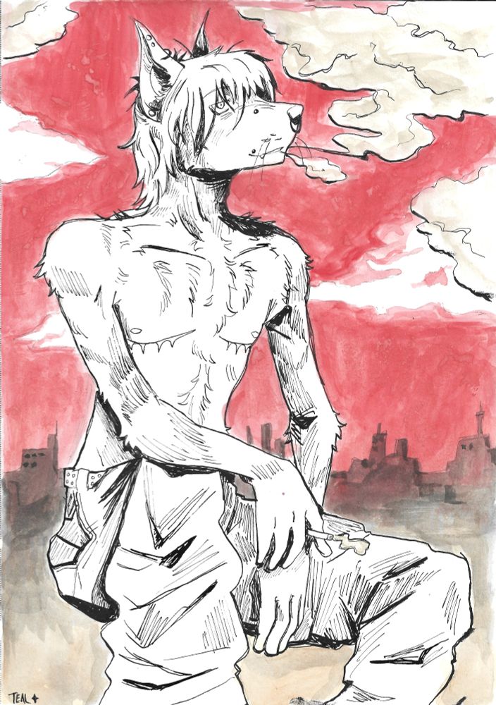 a traditional art piece made from watercolor and ink depicting a shirtless anthro dog sitting down and smoking a cigarette. he has top surgery scars, piercings, and is wearing baggy pants with a studded belt looped in it. the background has a red sky with outlines of clouds and a darker city skyline in the background.