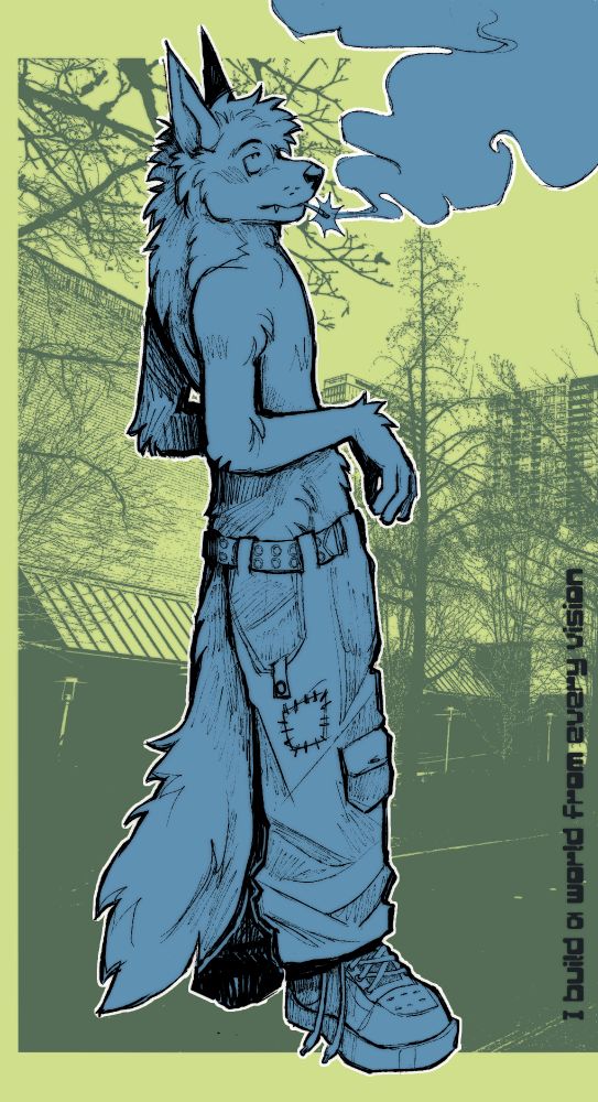 Digital art drawing of a anthropomorphic canine smoking, the background is an image of a street, with a text overlay that reads "I build a world from every vision".