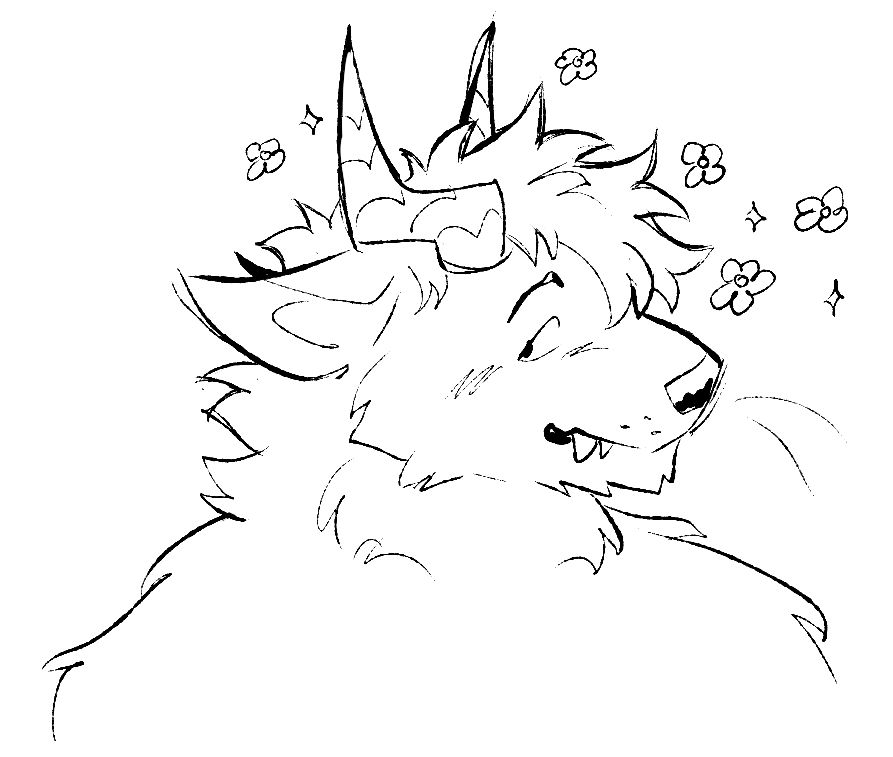 Digital sketch of my anthro chimera character (Teal) with a small smile and flowers + sparkles above his head.
