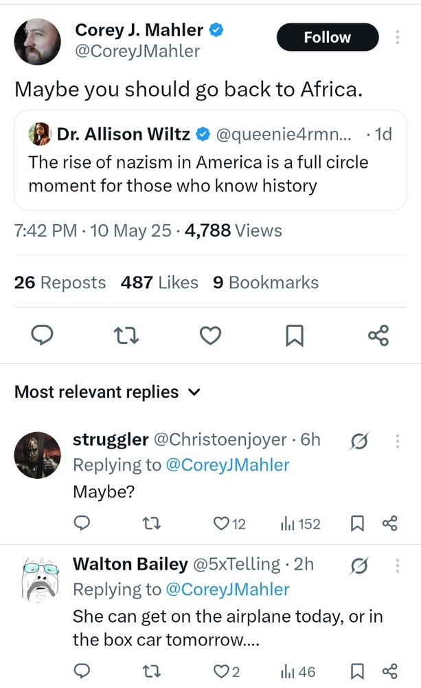In a screenshot of a post from Twitter/X there are several racist, Christian Nationalist alt-right commenters openly telling a Black woman doctor to, quote, go back to Africa, unquote. And one is using Nazi imagery to do so.