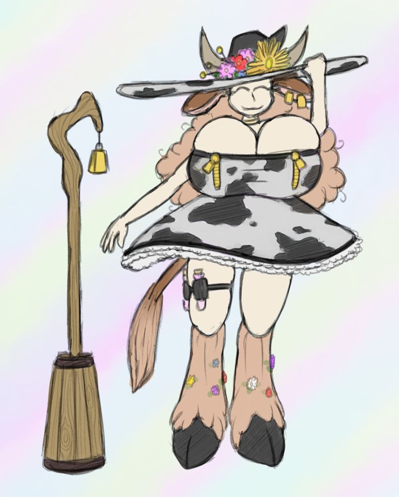 Digital colored sketch of a cowgirl/ushimimi witch, and a new drawing for once!  Her witch's attire resembles a sundress of sorts, with a holstein cowprint pattern.  She wears a wide-brimmed hat, patterned similarly, with a floppy pointed top typical of witch and wizard headwear.  Her horns protrude from the hat on both sides, and the hat is also lined with various wildflowers.  The dress has frilly trim, and is also barely holding back her huge milkers, with zippers on front enabling easy access for... ingredient-gathering purposes.  Creamy thighs descend to fluffy, fur-lined lower legs accented with more wildflowers.  Those legs taper outwards into hefty hooves.  A strap around her right thigh carries a couple vials of some manner of potion, and her cow's tail swishes about behind her, bouncing along with her long curly brown locks.  She smiles at you, with eyes closed and her face framed by chocolatey cow ears, one of which is pierced with a couple earrings resembling ear tags.  Her magical staff/broom is, in fact, a butter churn, and her cowbell hangs from the end because her milk jugs were too big to make it clearly visible around her neck.  From 2025.