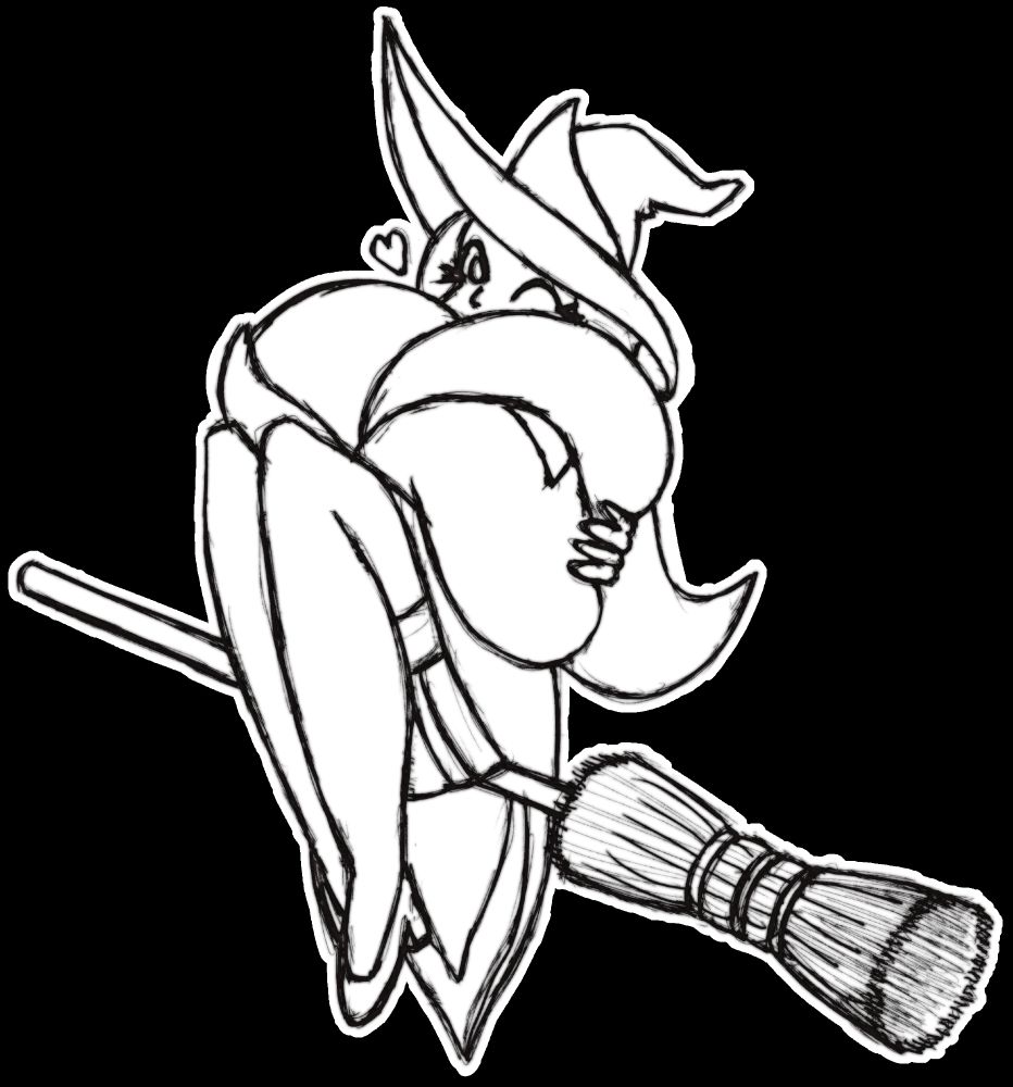 For #BosomsAndBesoms it's a digital sketch of a witch sitting on a broom, with her legs up so her massive dobonhokeros squish up into her face and thighs.  A little heart appears by her face as she winks at the viewer over the crest of her bosom.  There's a white outline around the sketch, with all the negative space left transparent.  From 2025.