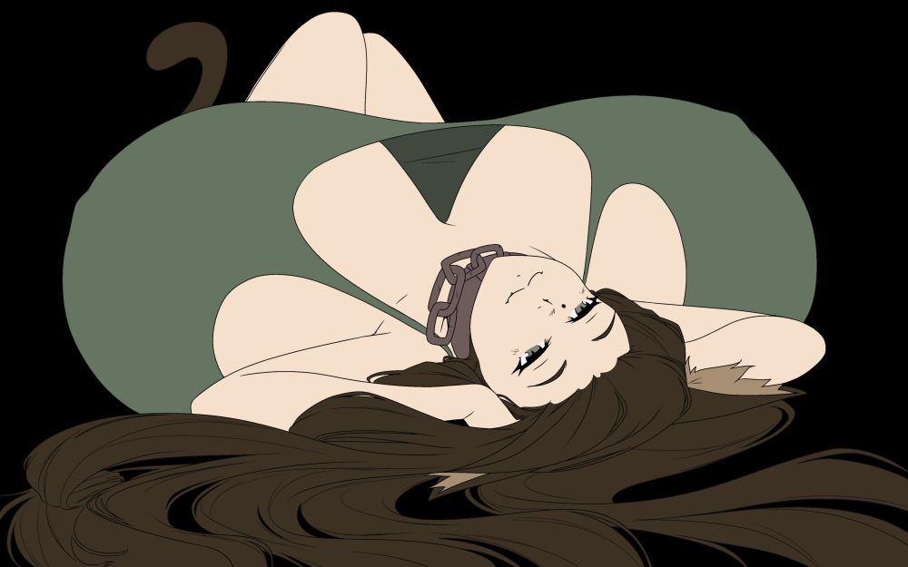 Lineart of Azalea by zdemian, with flat colors added later.  She's lying on her back, with her head cradled in her hands.  Long brunette hair flows into the foreground as her heavy breasts rest to her sides, creating a yawning chasm between them and her stretched, green tanktop.  Her knees and her tail can be seen raised up behind the swell of her chest, which combined with her mischievous smile denotes a playful attitude.  From 2016?  Honestly Windows has been giving me conflicting dates, I think what happened is I built a new computer in 2017 or 2018 so I have "created" dates that are after the "modified" dates...
