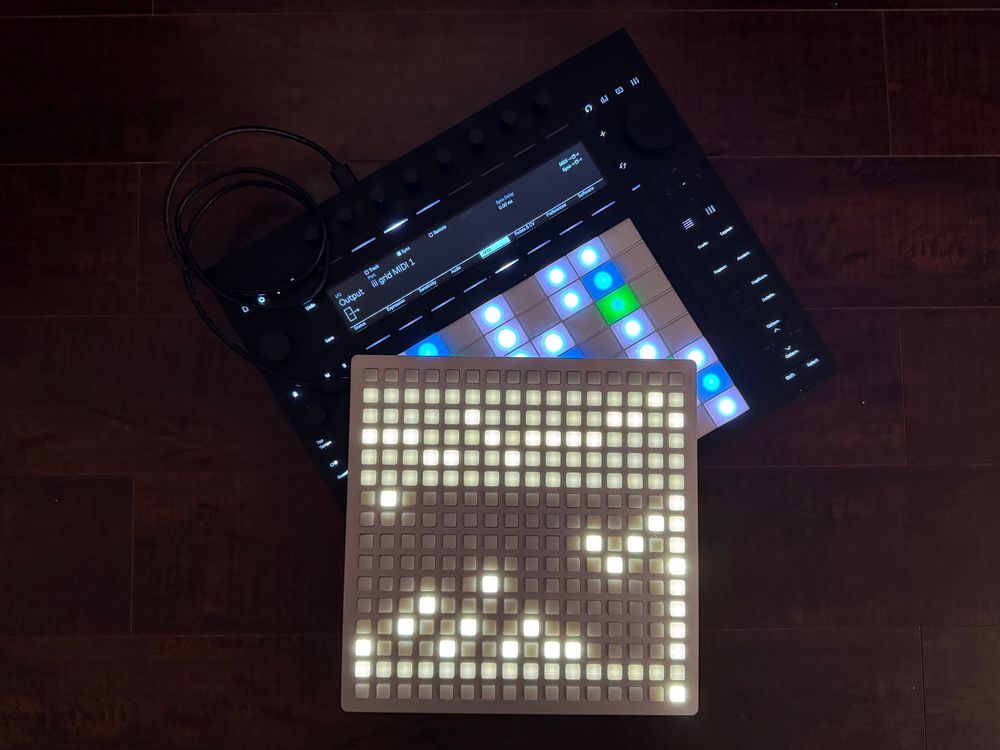monome zero grid directly connected to ableton push 3, running a step sequencer written in lua for monome’s iii alpha firmware
